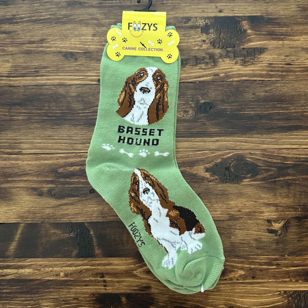 NWT Foozys Green Basset Hound Print Crew Socks Women's Casual One Size